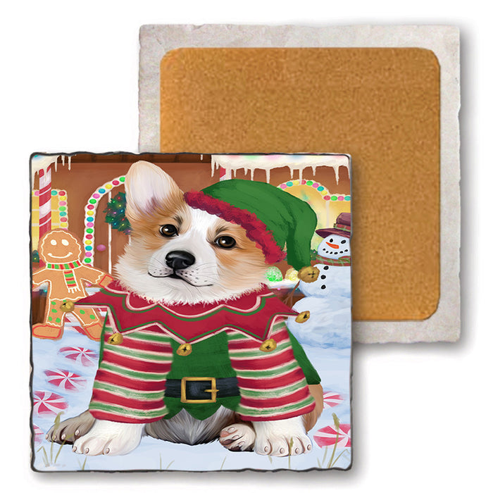 Christmas Gingerbread House Candyfest Corgi Dog Set of 4 Natural Stone Marble Tile Coasters MCST51318
