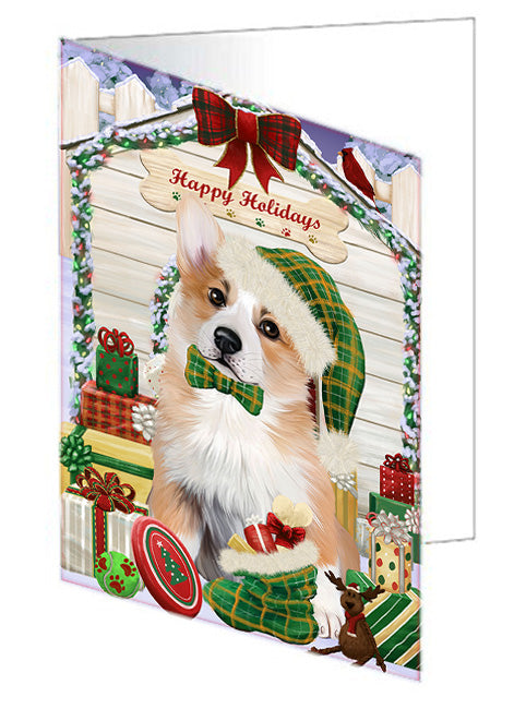 Happy Holidays Christmas Corgi Dog House with Presents Handmade Artwork Assorted Pets Greeting Cards and Note Cards with Envelopes for All Occasions and Holiday Seasons GCD58229