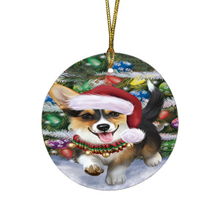 Trotting in the Snow Corgi Dog Round Flat Christmas Ornament RFPOR54684