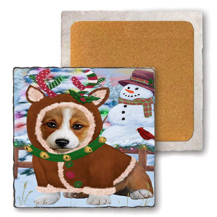 Christmas Gingerbread House Candyfest Corgi Dog Set of 4 Natural Stone Marble Tile Coasters MCST51319