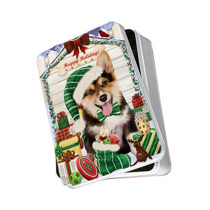 Happy Holidays Christmas Corgi Dog House with Presents Photo Storage Tin PITN51401