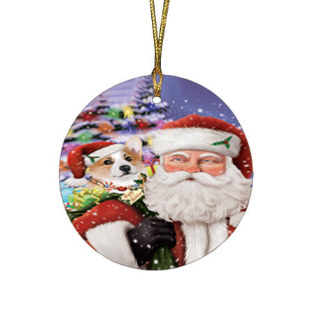 Santa Carrying Corgi Dog and Christmas Presents Round Flat Christmas Ornament RFPOR53976