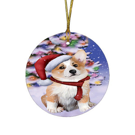 Winterland Wonderland Corgi Dog In Christmas Holiday Scenic Background  Round Flat Christmas Ornament RFPOR53378