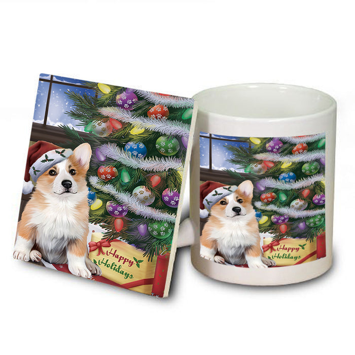 Christmas Happy Holidays Corgi Dog with Tree and Presents Mug and Coaster Set MUC53817