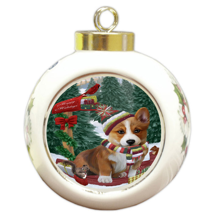 Merry Christmas Woodland Sled Corgi Dog Round Ball Christmas Ornament RBPOR55272