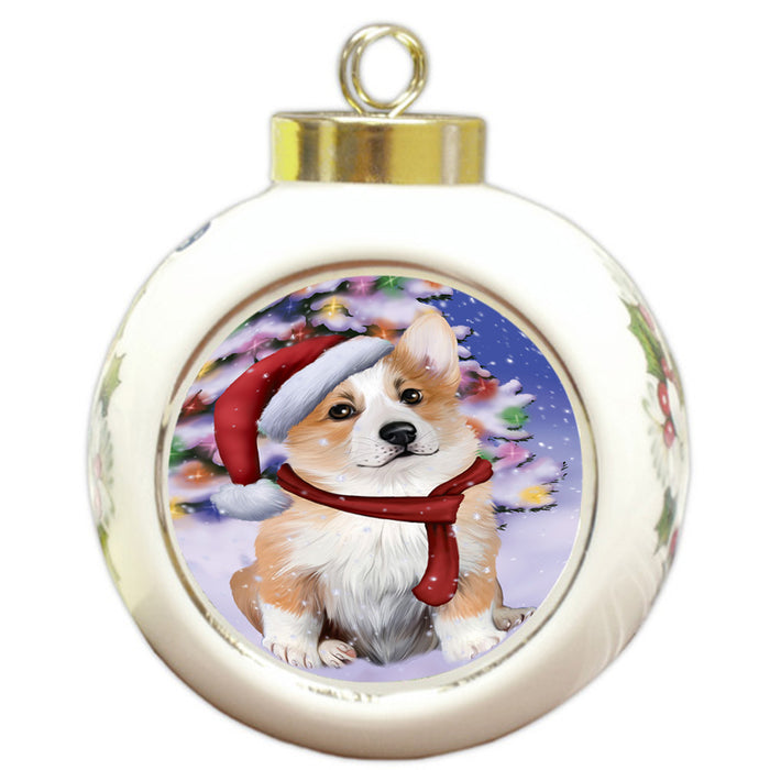 Winterland Wonderland Corgi Dog In Christmas Holiday Scenic Background  Round Ball Christmas Ornament RBPOR53387