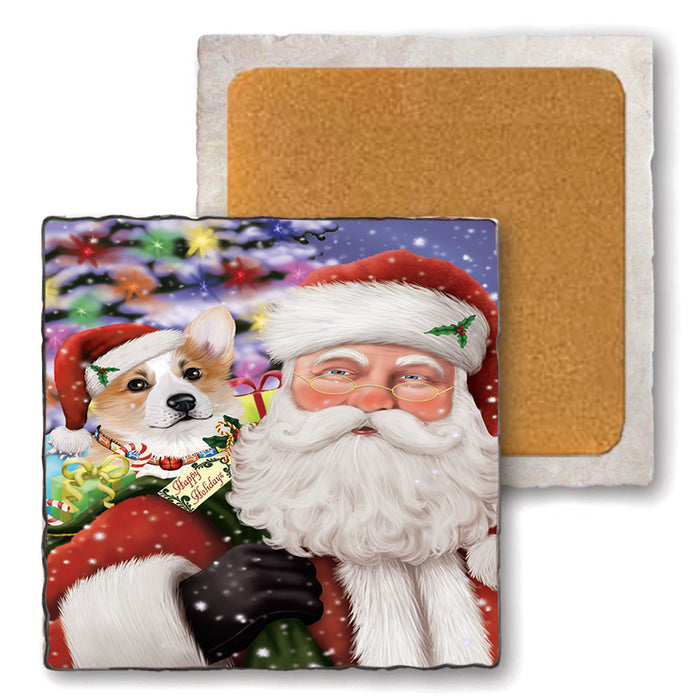 Santa Carrying Corgi Dog and Christmas Presents Set of 4 Natural Stone Marble Tile Coasters MCST48985