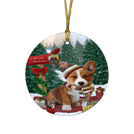 Merry Christmas Woodland Sled Corgi Dog Round Flat Christmas Ornament RFPOR55272