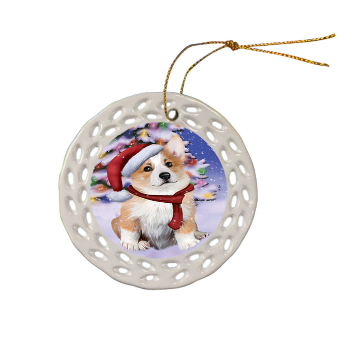 Winterland Wonderland Corgi Dog In Christmas Holiday Scenic Background  Ceramic Doily Ornament DPOR53387