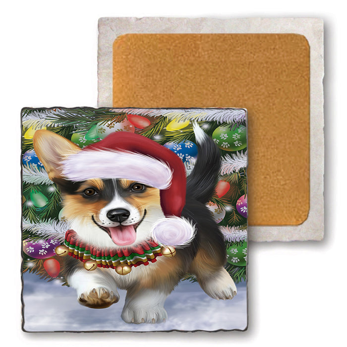Trotting in the Snow Corgi Dog Set of 4 Natural Stone Marble Tile Coasters MCST49565