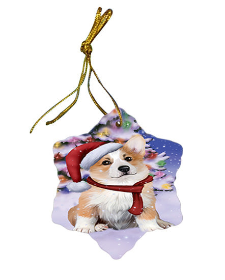 Winterland Wonderland Corgi Dog In Christmas Holiday Scenic Background  Star Porcelain Ornament SPOR53378