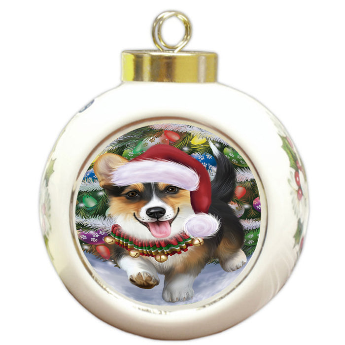 Trotting in the Snow Corgi Dog Round Ball Christmas Ornament RBPOR54693