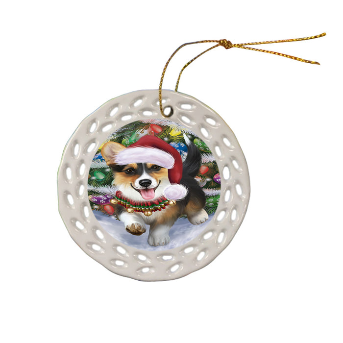 Trotting in the Snow Corgi Dog Ceramic Doily Ornament DPOR54693