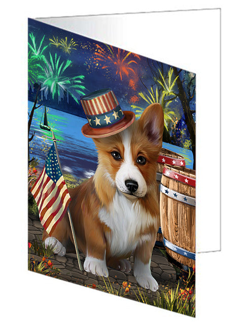 4th of July Independence Day Fireworks Corgi Dog at the Lake Handmade Artwork Assorted Pets Greeting Cards and Note Cards with Envelopes for All Occasions and Holiday Seasons GCD57446