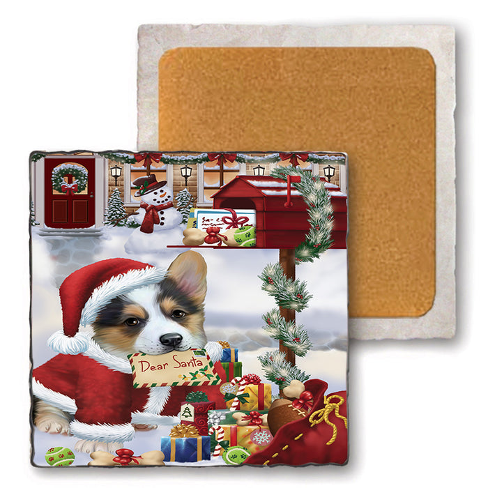 Corgi Dog Dear Santa Letter Christmas Holiday Mailbox Set of 4 Natural Stone Marble Tile Coasters MCST48895