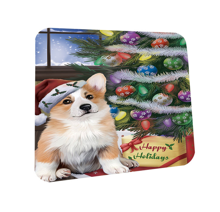 Christmas Happy Holidays Corgi Dog with Tree and Presents Coasters Set of 4 CST53783