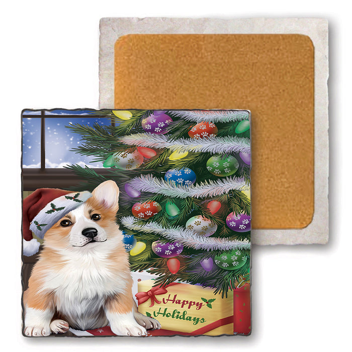 Christmas Happy Holidays Corgi Dog with Tree and Presents Set of 4 Natural Stone Marble Tile Coasters MCST48825