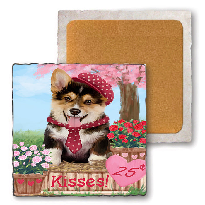 Rosie 25 Cent Kisses Corgi Dog Set of 4 Natural Stone Marble Tile Coasters MCST50854