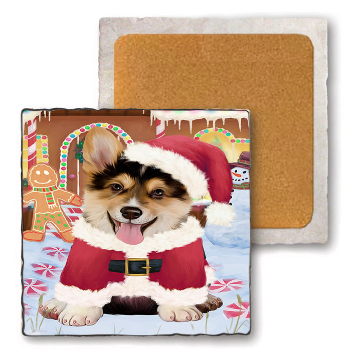 Christmas Gingerbread House Candyfest Corgi Dog Set of 4 Natural Stone Marble Tile Coasters MCST51320