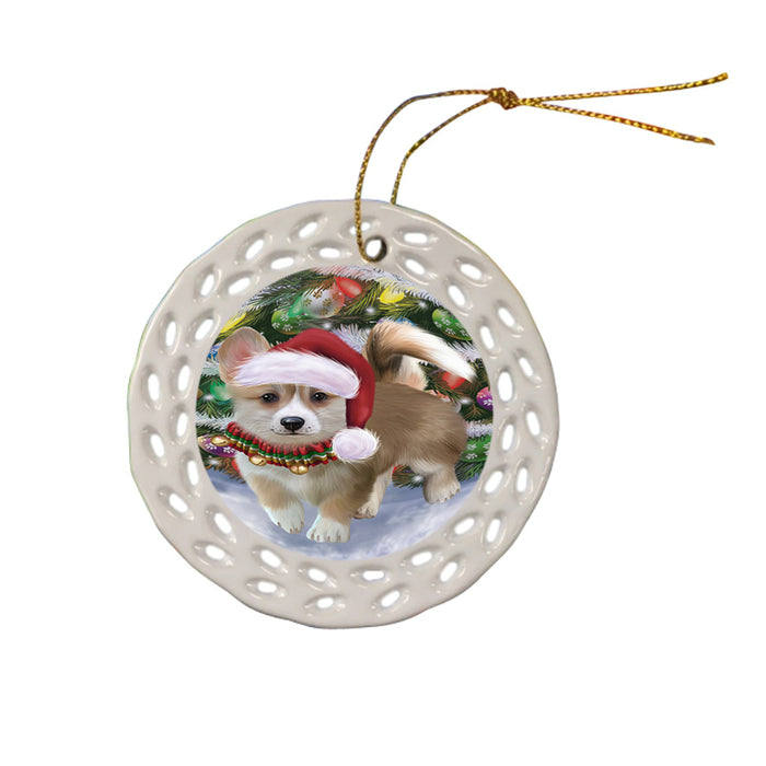 Trotting in the Snow Corgi Dog Ceramic Doily Ornament DPOR54694