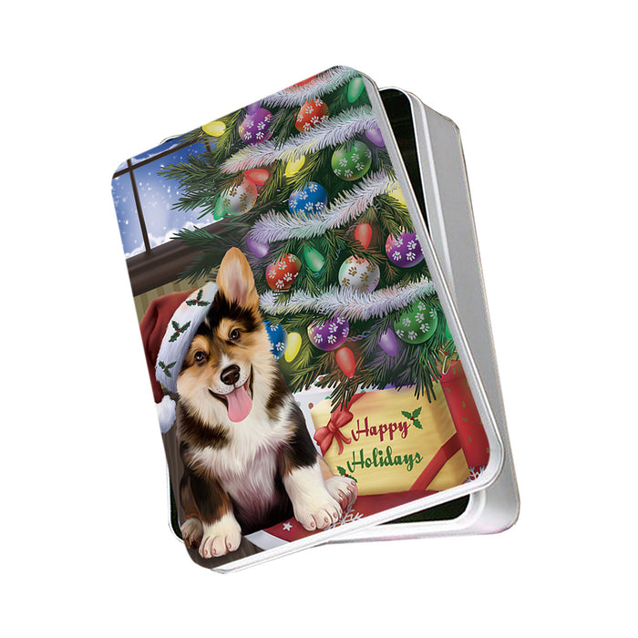 Christmas Happy Holidays Corgi Dog with Tree and Presents Photo Storage Tin PITN53769