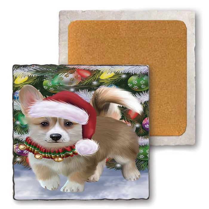 Trotting in the Snow Corgi Dog Set of 4 Natural Stone Marble Tile Coasters MCST49566