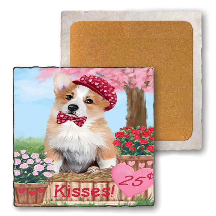 Rosie 25 Cent Kisses Corgi Dog Set of 4 Natural Stone Marble Tile Coasters MCST50855