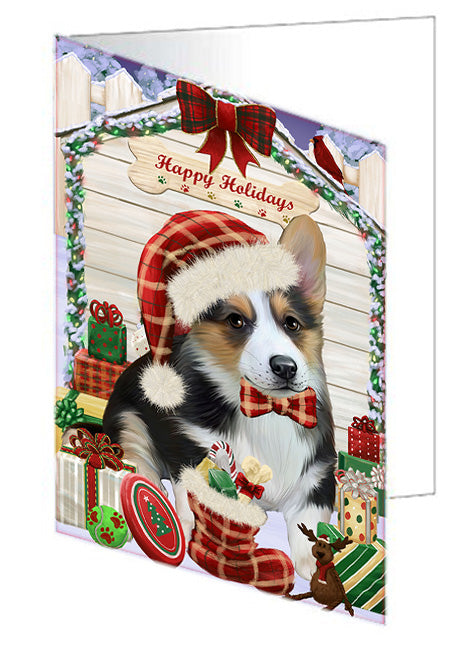 Happy Holidays Christmas Corgi Dog House with Presents Handmade Artwork Assorted Pets Greeting Cards and Note Cards with Envelopes for All Occasions and Holiday Seasons GCD58235