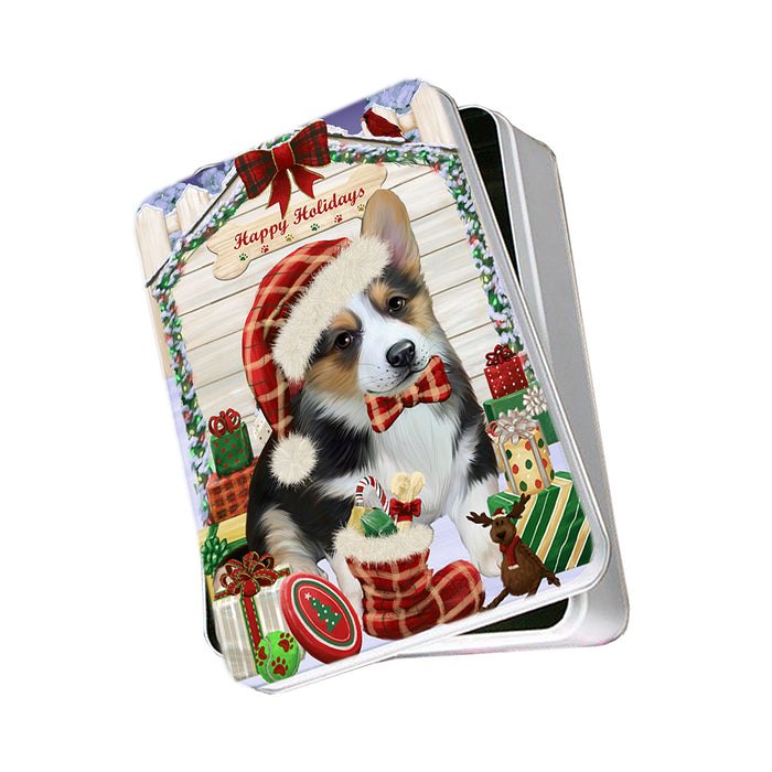 Happy Holidays Christmas Corgi Dog House with Presents Photo Storage Tin PITN51402