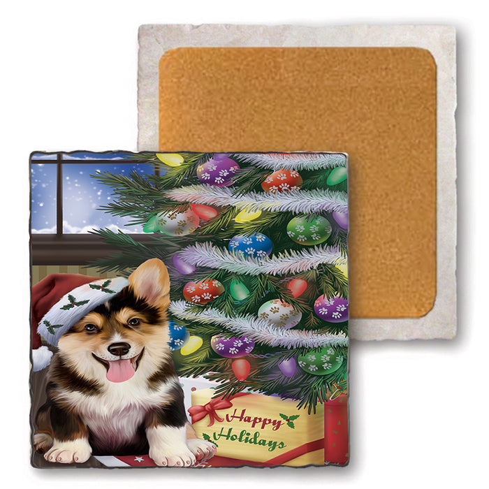 Christmas Happy Holidays Corgi Dog with Tree and Presents Set of 4 Natural Stone Marble Tile Coasters MCST48826