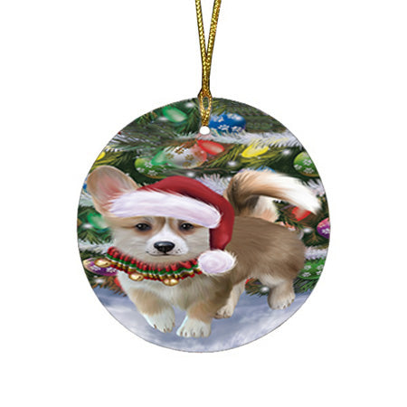 Trotting in the Snow Corgi Dog Round Flat Christmas Ornament RFPOR54685