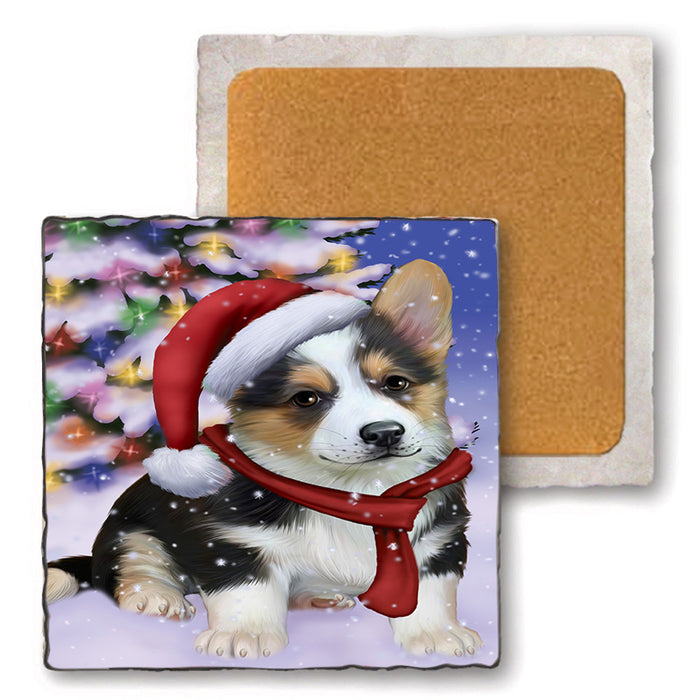 Winterland Wonderland Corgi Dog In Christmas Holiday Scenic Background  Set of 4 Natural Stone Marble Tile Coasters MCST48388