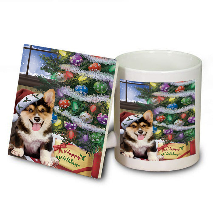 Christmas Happy Holidays Corgi Dog with Tree and Presents Mug and Coaster Set MUC53818
