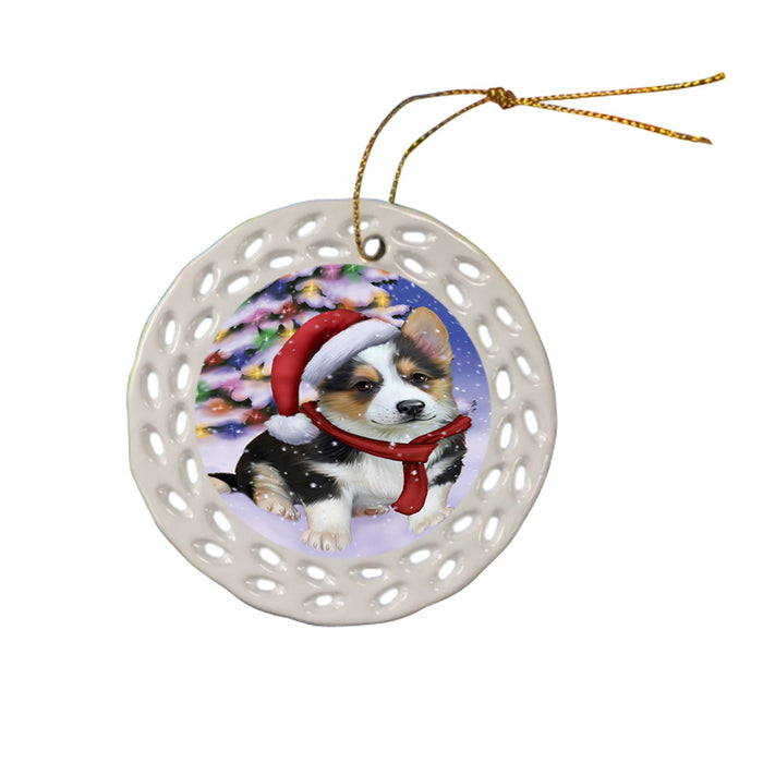 Winterland Wonderland Corgi Dog In Christmas Holiday Scenic Background  Ceramic Doily Ornament DPOR53388