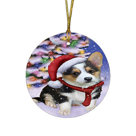 Winterland Wonderland Corgi Dog In Christmas Holiday Scenic Background  Round Flat Christmas Ornament RFPOR53379