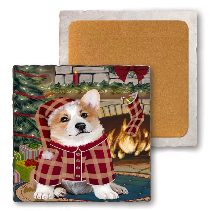 The Stocking was Hung Corgi Dog Set of 4 Natural Stone Marble Tile Coasters MCST50290