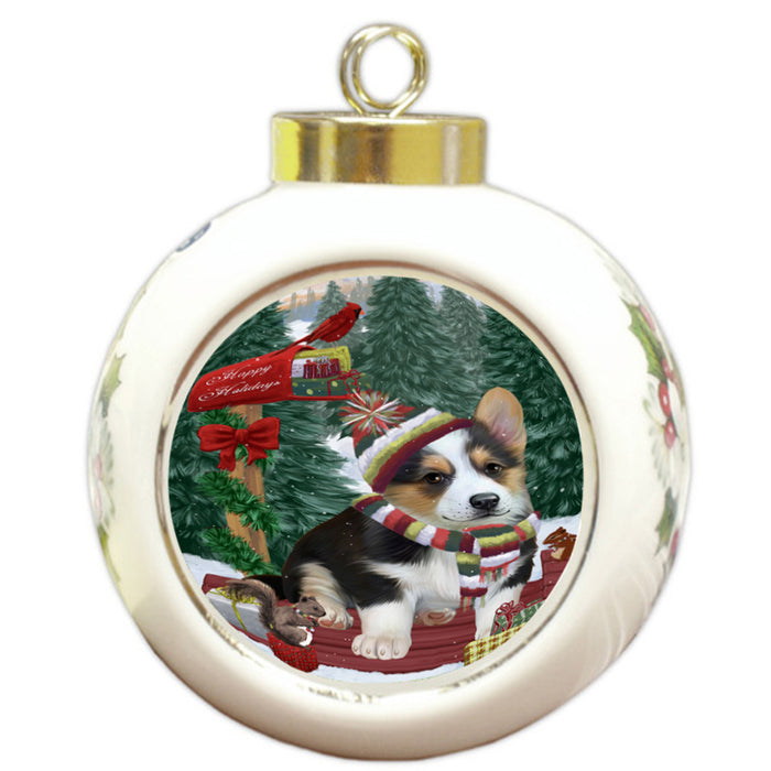 Merry Christmas Woodland Sled Corgi Dog Round Ball Christmas Ornament RBPOR55273