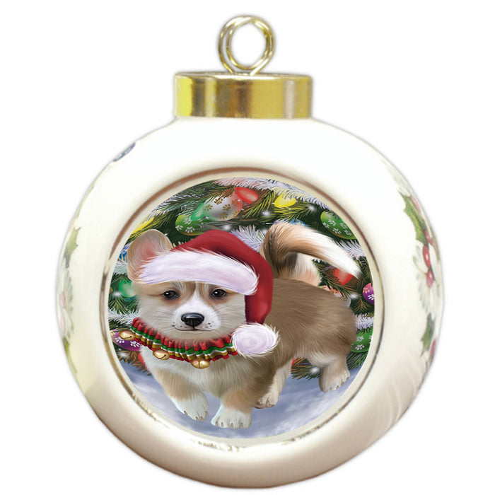 Trotting in the Snow Corgi Dog Round Ball Christmas Ornament RBPOR54694
