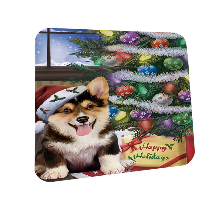 Christmas Happy Holidays Corgi Dog with Tree and Presents Coasters Set of 4 CST53784