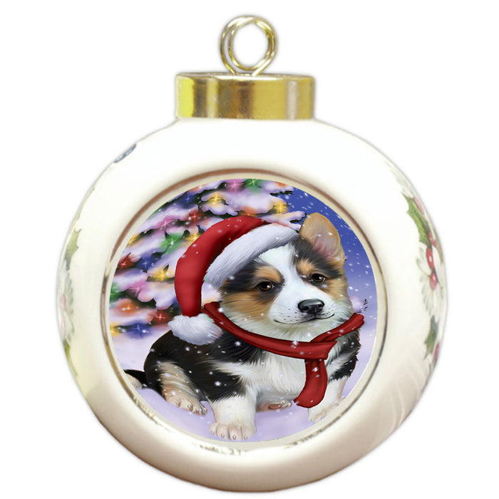 Winterland Wonderland Corgi Dog In Christmas Holiday Scenic Background  Round Ball Christmas Ornament RBPOR53388