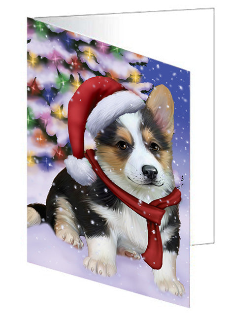 Winterland Wonderland Corgi Dog In Christmas Holiday Scenic Background  Handmade Artwork Assorted Pets Greeting Cards and Note Cards with Envelopes for All Occasions and Holiday Seasons GCD64193