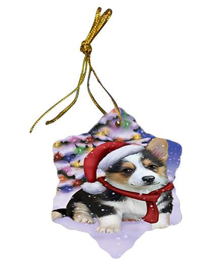 Winterland Wonderland Corgi Dog In Christmas Holiday Scenic Background  Star Porcelain Ornament SPOR53379