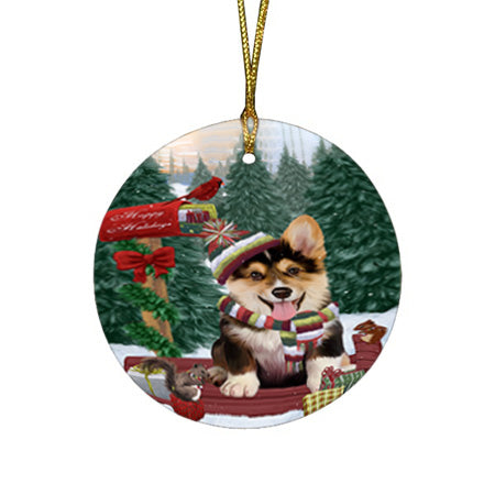 Merry Christmas Woodland Sled Corgi Dog Round Flat Christmas Ornament RFPOR55274