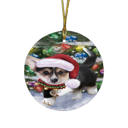 Trotting in the Snow Corgi Dog Round Flat Christmas Ornament RFPOR54686