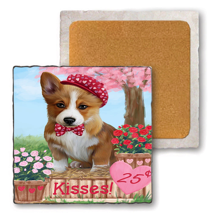 Rosie 25 Cent Kisses Corgi Dog Set of 4 Natural Stone Marble Tile Coasters MCST50856