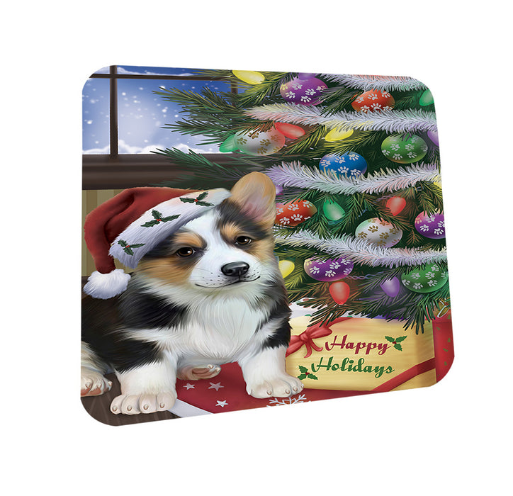 Christmas Happy Holidays Corgi Dog with Tree and Presents Coasters Set of 4 CST53785