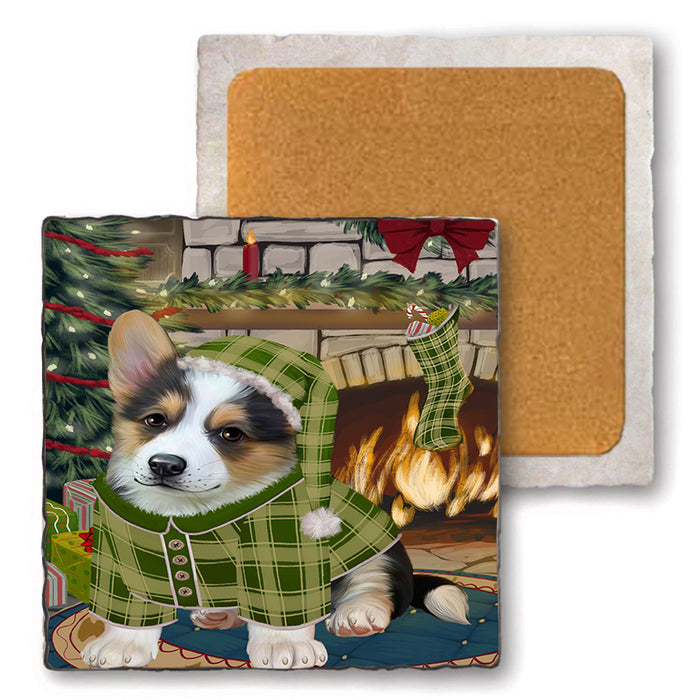 The Stocking was Hung Corgi Dog Set of 4 Natural Stone Marble Tile Coasters MCST50291