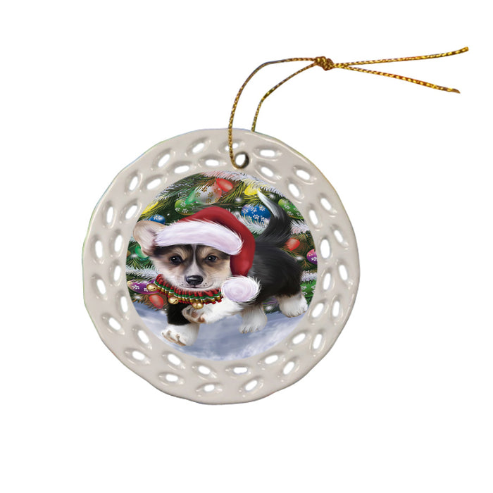 Trotting in the Snow Corgi Dog Ceramic Doily Ornament DPOR54695