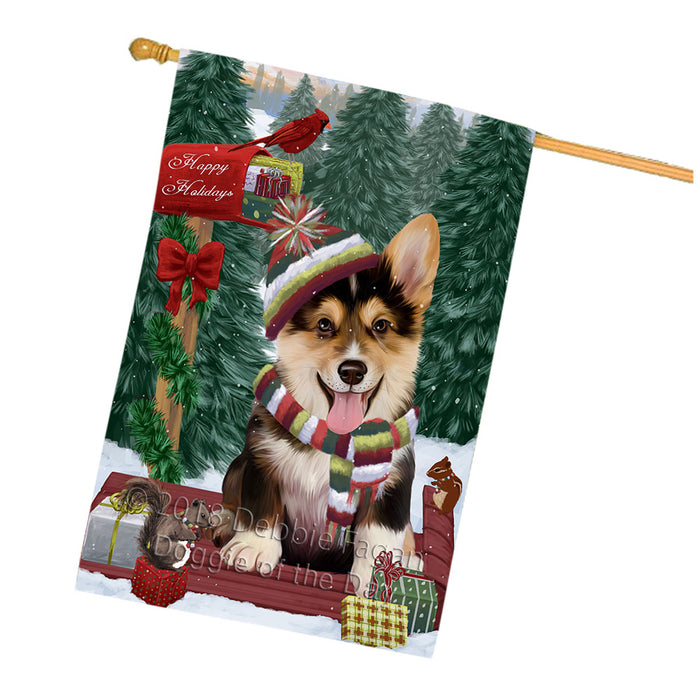 Merry Christmas Woodland Sled Corgi Dog House Flag FLG55347