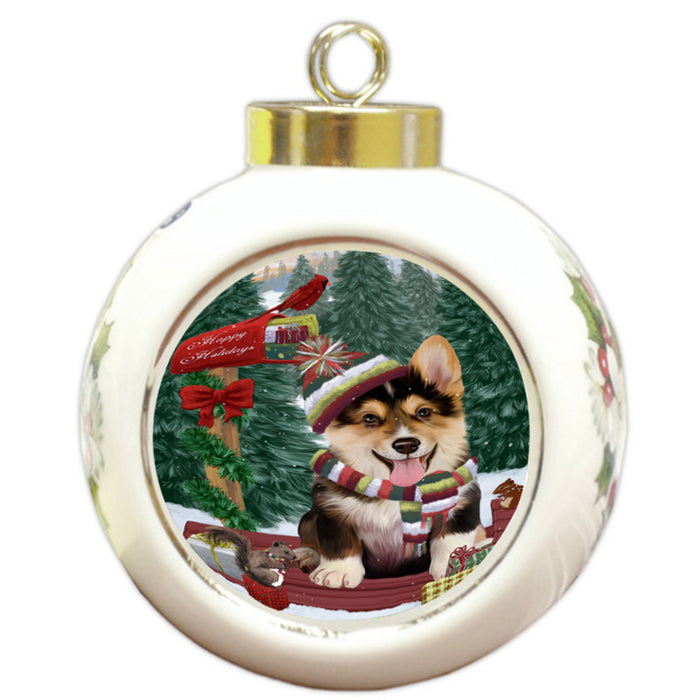 Merry Christmas Woodland Sled Corgi Dog Round Ball Christmas Ornament RBPOR55274